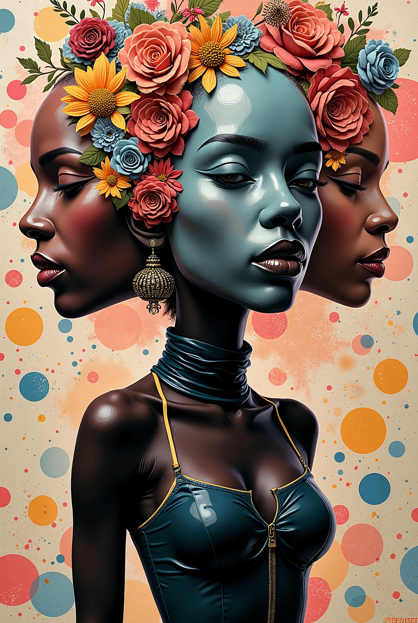 Expressionist artwork images of multiple floating ceramic heads, 3d collage style, make it weird and gallery worthy, ((black woman)), portrait, absurdres,highres,ultra detailed,ultra-detailed background,detailed background,extremly detailed,1girl,bunch of flowers,(zentangle:1.2),(geometric:1.2) multi-colored color palette, monochromatic, big , cleavage, sideboob, lingerie, realistic depiction, arms behind back, kaleidoscopic, multidimensional, ethereal glow, captivating uniqueness, surreal juxtapositions, visual symphony, unforgettable visual narrative, edgy, mathematical, simple-shaped vectors, highly modern, stylistic, polygonal abstraction, vector art, bold lines, minimalist color scheme, digital art, abstract geometry