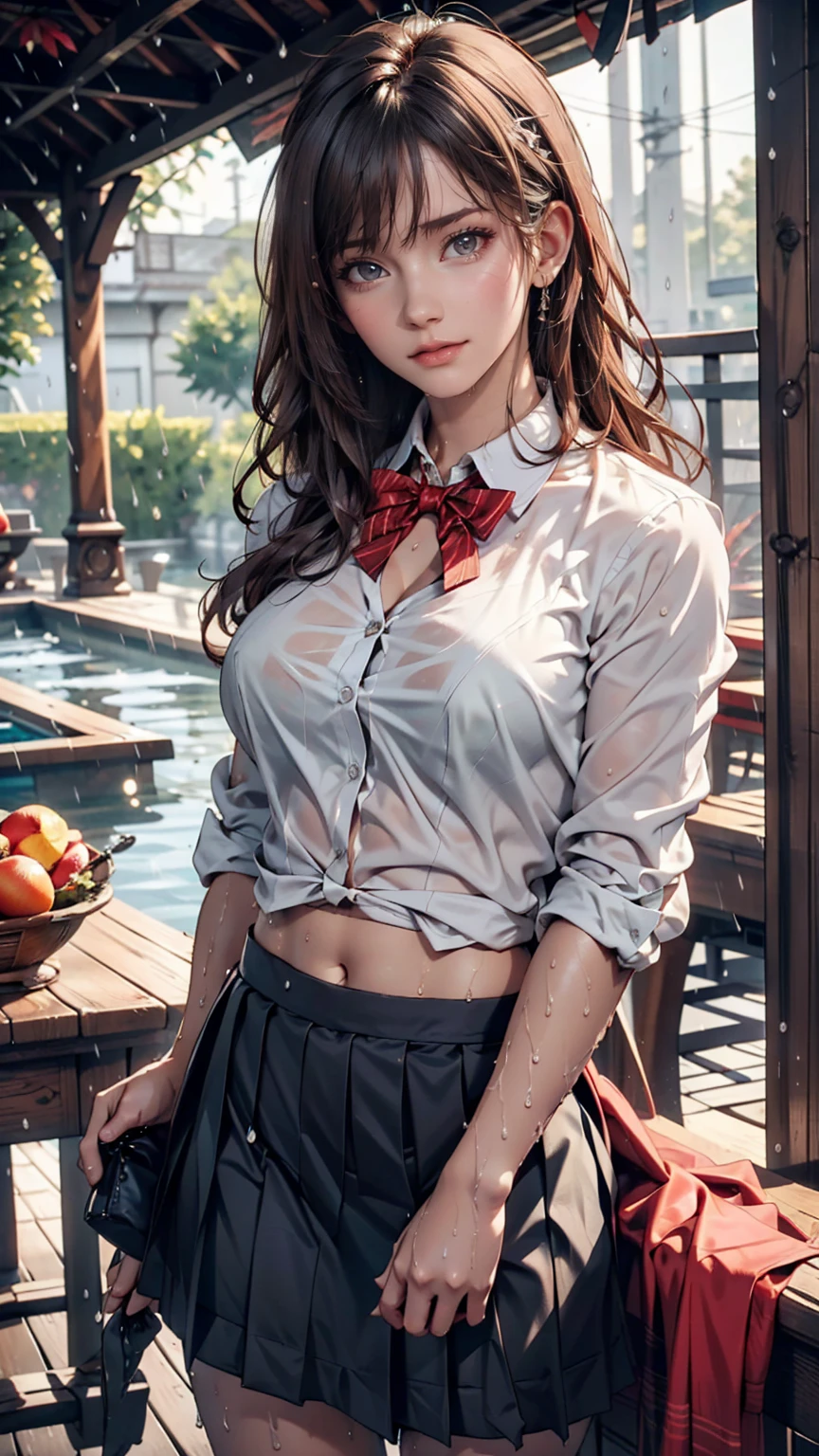 Highest quality, High resolution, Absurd, Very detailed, Suzuya_(Kantai Collection), One person, length_hair, skirt, alone, shirt, rain, Wet_Clothes, hair_ornament, Wet, chest, underwear, Pleats_skirt, See through, bowtie, red_bow