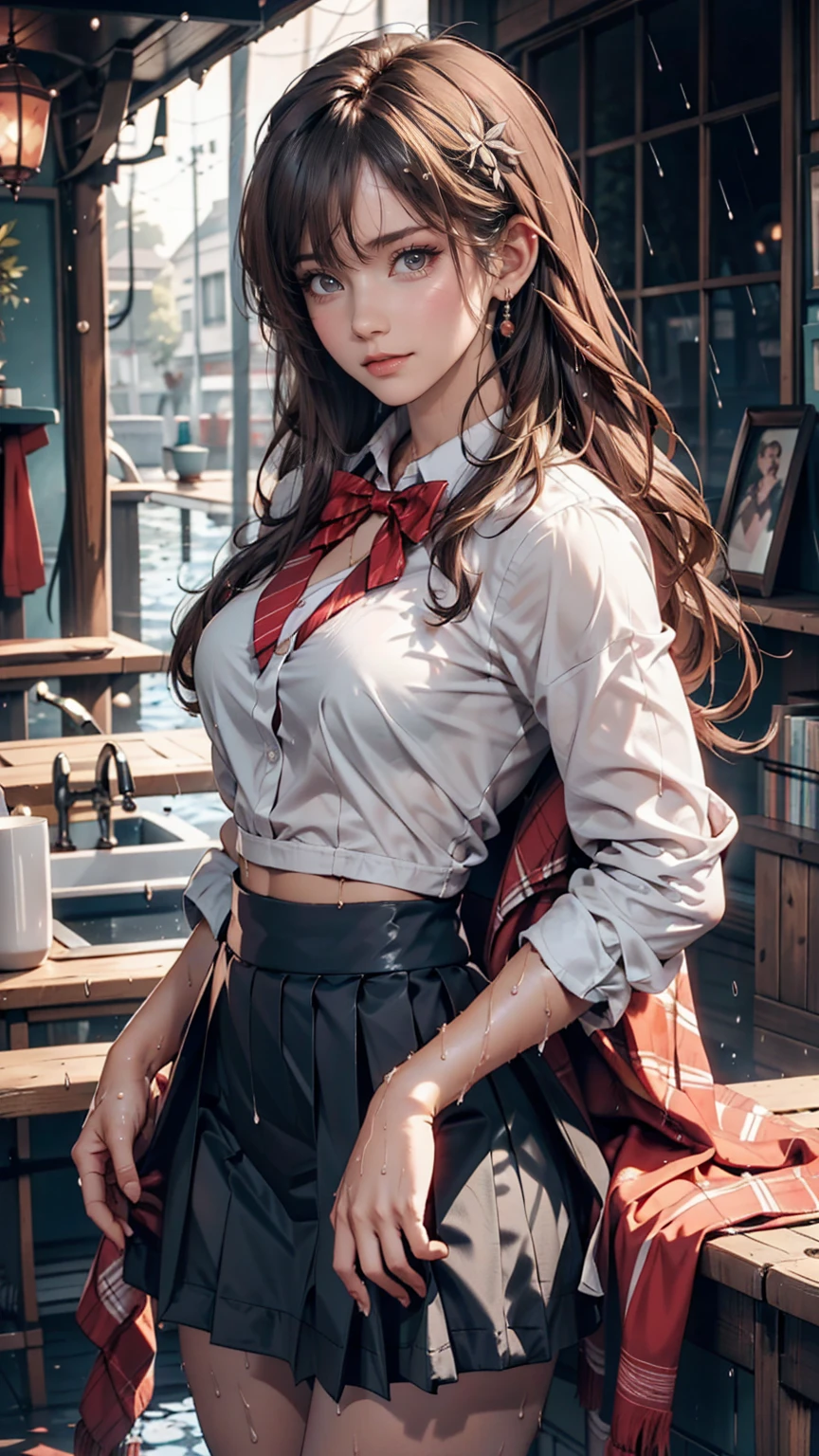 Highest quality, High resolution, Absurd, Very detailed, Suzuya_(Kantai Collection), One person, length_hair, skirt, alone, shirt, rain, Wet_Clothes, hair_ornament, Wet, chest, underwear, Pleats_skirt, See through, bowtie, red_bow