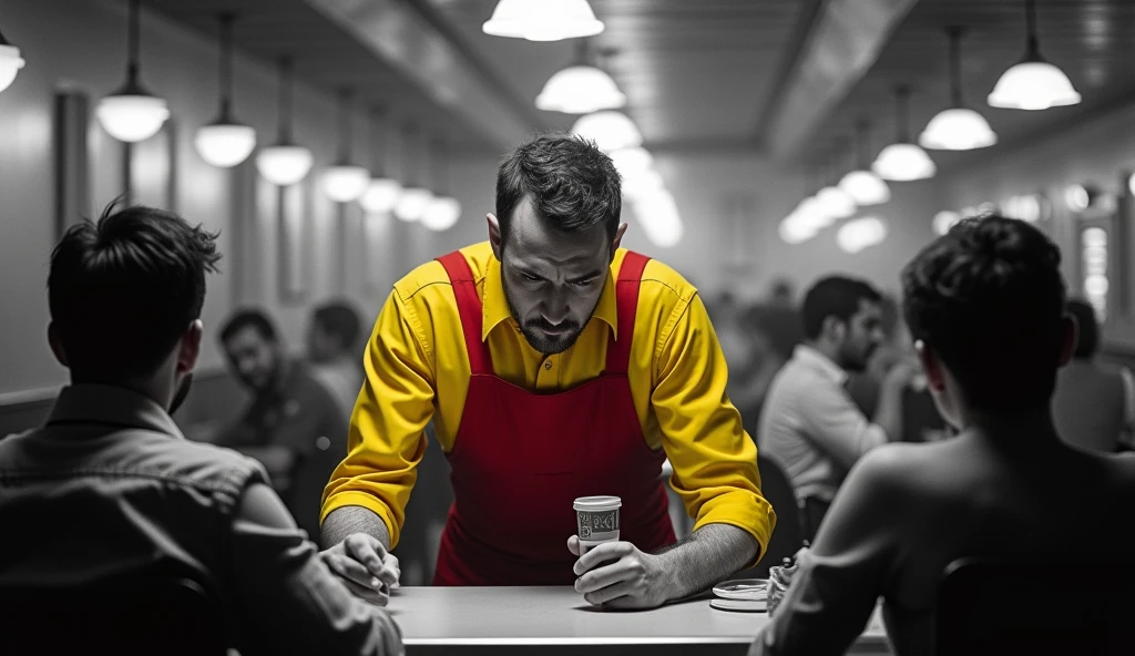 A distorted dramatic scene of an exhausted diner waiter, tired of working in this underemployment, customers sitting down calling the attendant, the whole scene is black and white and the attendant is wearing colorful yellow and red clothes.