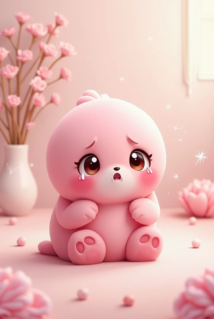 Create a cute animated character that represents the emotion of sadness, whose characteristic color is strong pink