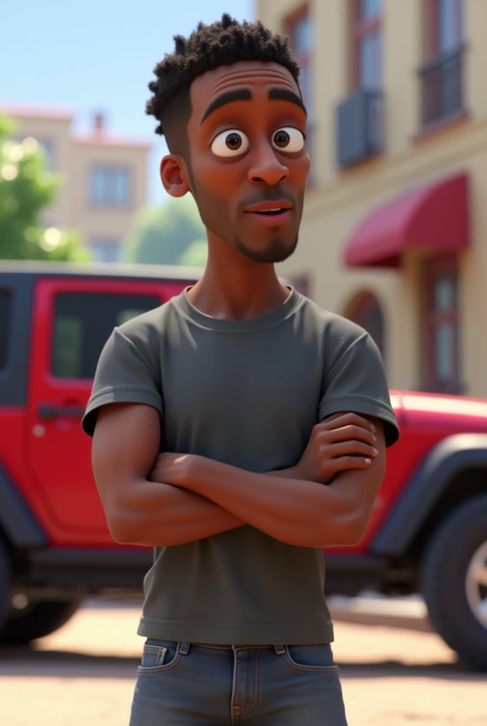 (the fast and the furious)Chris 'Ludacris' Bridges*
"A 3D character in the Disney-Pixar style, a dark-skinned man with short curly hair and an intelligent expression, wearing a gray t-shirt and jeans. Ao fundo, a red Jeep Wrangler Unlimited car parked near a building."
