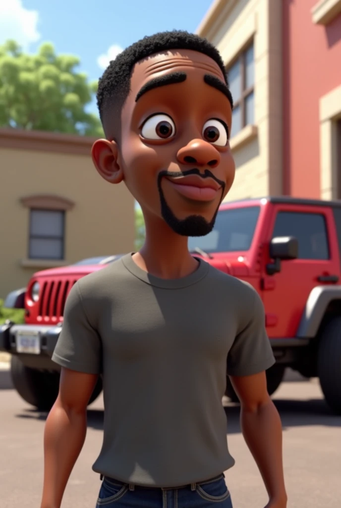 (the fast and the furious)Chris 'Ludacris' Bridges*
"A 3D character in the Disney-Pixar style, a dark-skinned man with short curly hair and an intelligent expression, wearing a gray t-shirt and jeans. Ao fundo, a red Jeep Wrangler Unlimited car parked near a building."