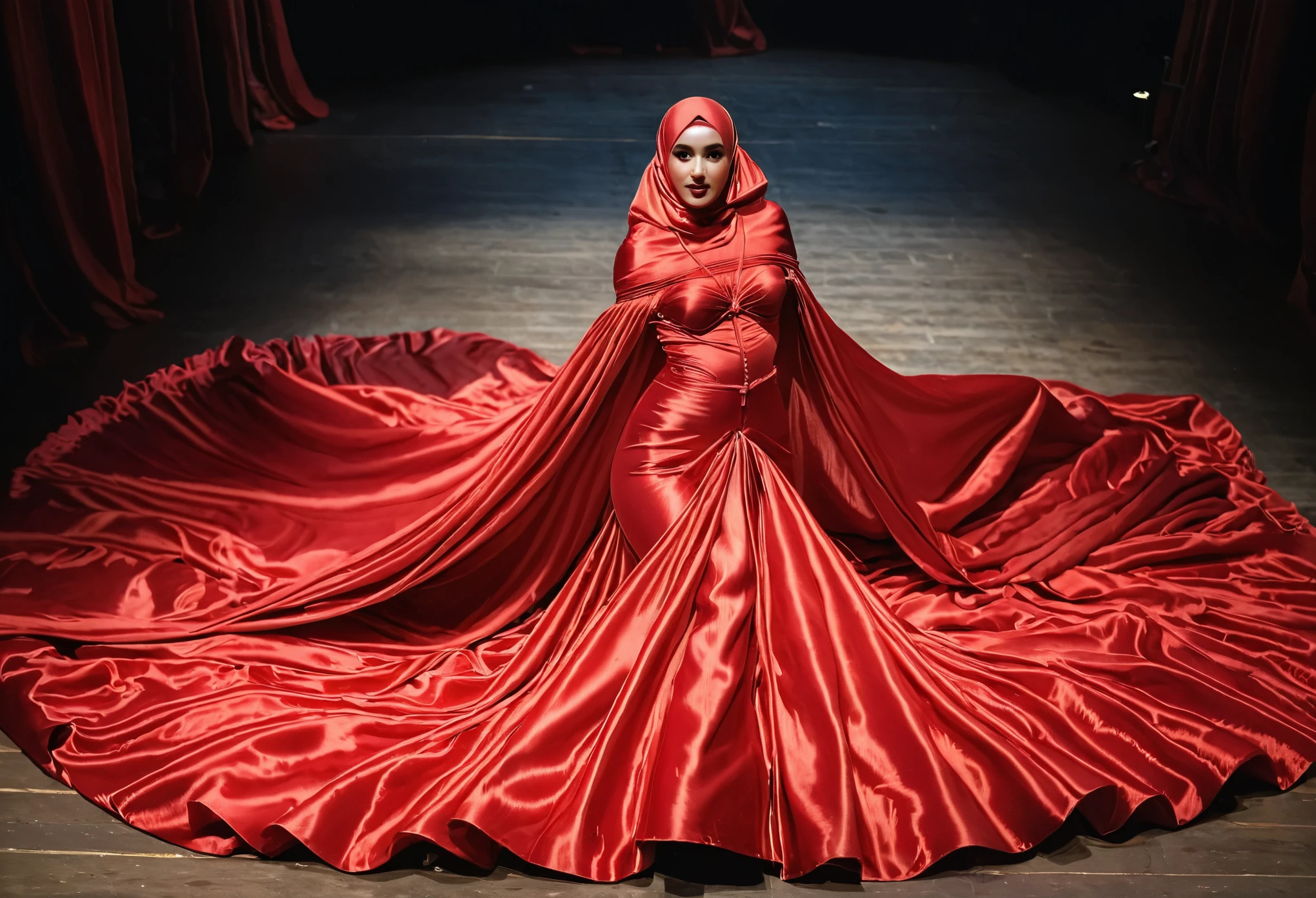 A woman shrouded in a 4-meter-long, plush red satin cloth, tightly bound and grandly draping along the form of her body, flowing off into a pooled floor-length train, styled in a mermaid-inspired outfit, her head modestly veiled in a satin hijab, tall woman, walk in circus stage, a full-body pose posing in front of people, captured in a 4k resolution, ultra-realistic