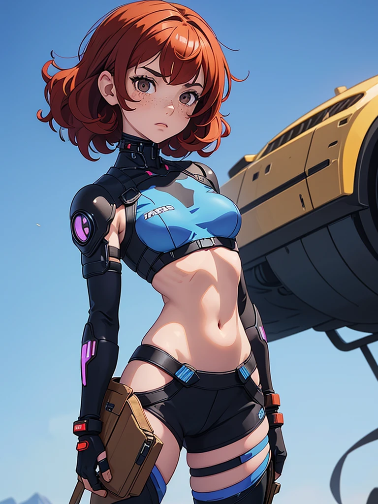 (masterpiece), (best quality), ((one girl)),alone, red hair,((brown eyes)),short curly hair, anime style, freckles, (small breast) (petite figure), blue and black cyberpunk outfit, battle outfit, legs((desert background))