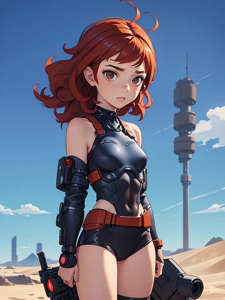(masterpiece), (best quality), ((one girl)),alone, red hair,((brown eyes)),short curly hair, anime style, freckles, (small breast) (petite figure), blue and black cyberpunk outfit, battle outfit, legs((desert background))