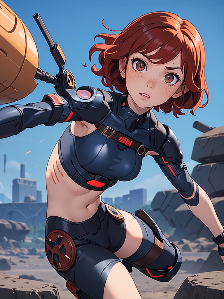 (masterpiece), (best quality), ((one girl)),alone, red hair,((brown eyes)),short curly hair, anime style, freckles, (small breast) (petite figure), blue and black cyberpunk outfit, battle outfit, legs((desert background))