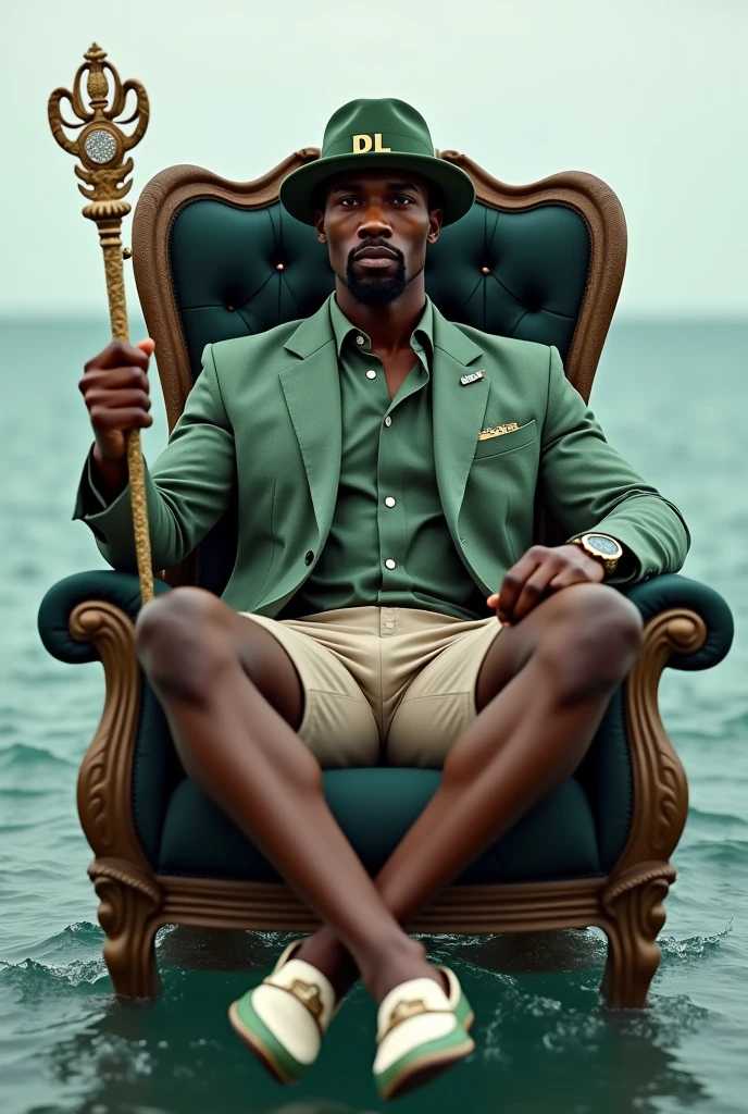 Forty year old black man, very elegant and sophisticated, strong athletic build, with a goatee, wearing jewelry and a modern bowler hat, moss green linen shirt with short sleeves and sand colored formal shorts.
Italian loafer shoes in white with moss green and gold details.
The initials DL are written on the hat band and the lapel of the blazer. The model is sitting on a throne with his legs slightly crossed.,holding a scepter studded with diamonds and gold, in the middle of the sea