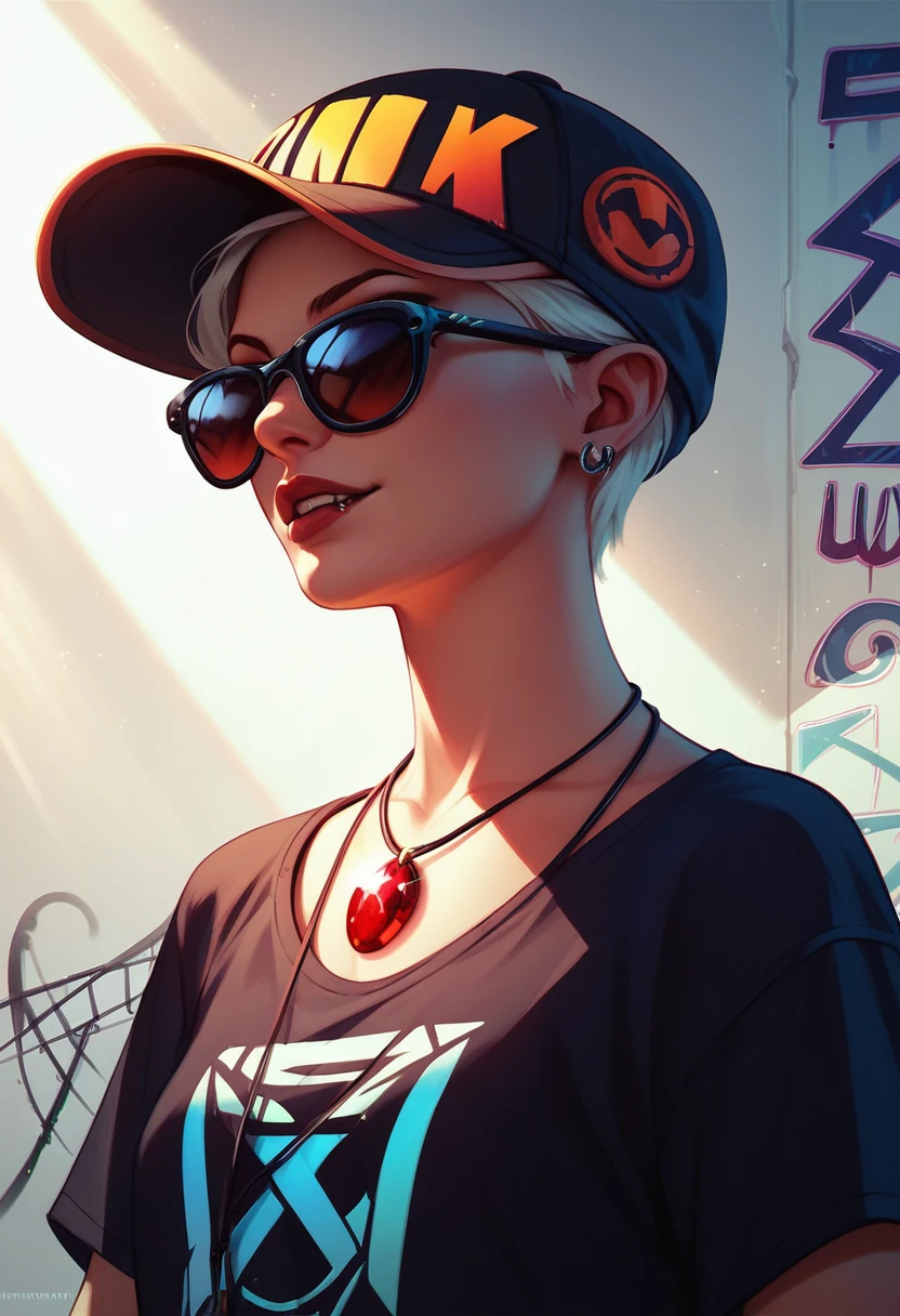 foreground,simple background,Background with neon rays of various colors,hyperdetailed,well defined details,hyper realistic,1 girl,graffiti hood,demon shirt,pierce,Sunglasses,blood gem pendant