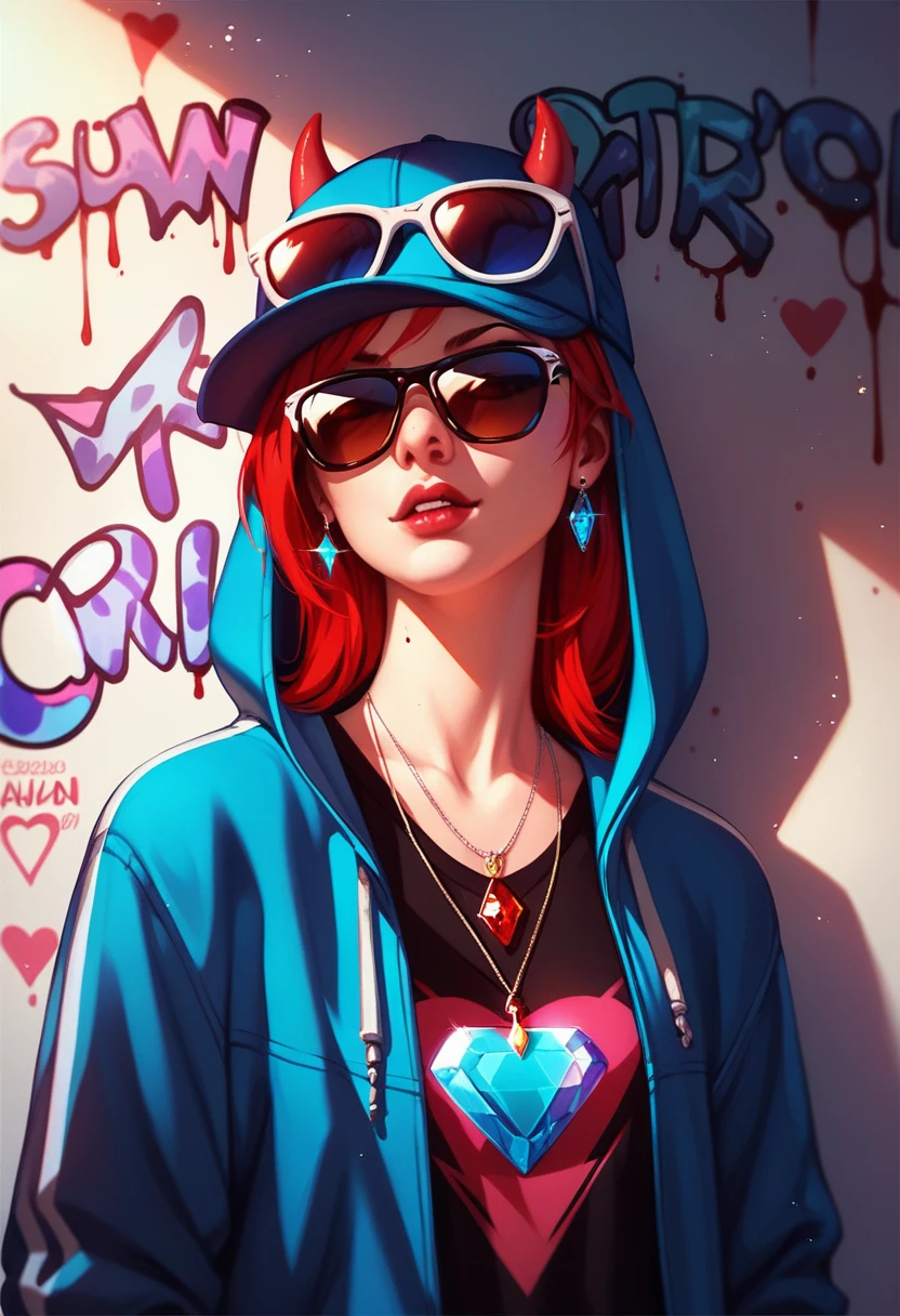 foreground,simple background,Background with neon rays of various colors,hyperdetailed,well defined details,hyper realistic,1 girl,graffiti hood,demon shirt,pierce,blood gem pendant