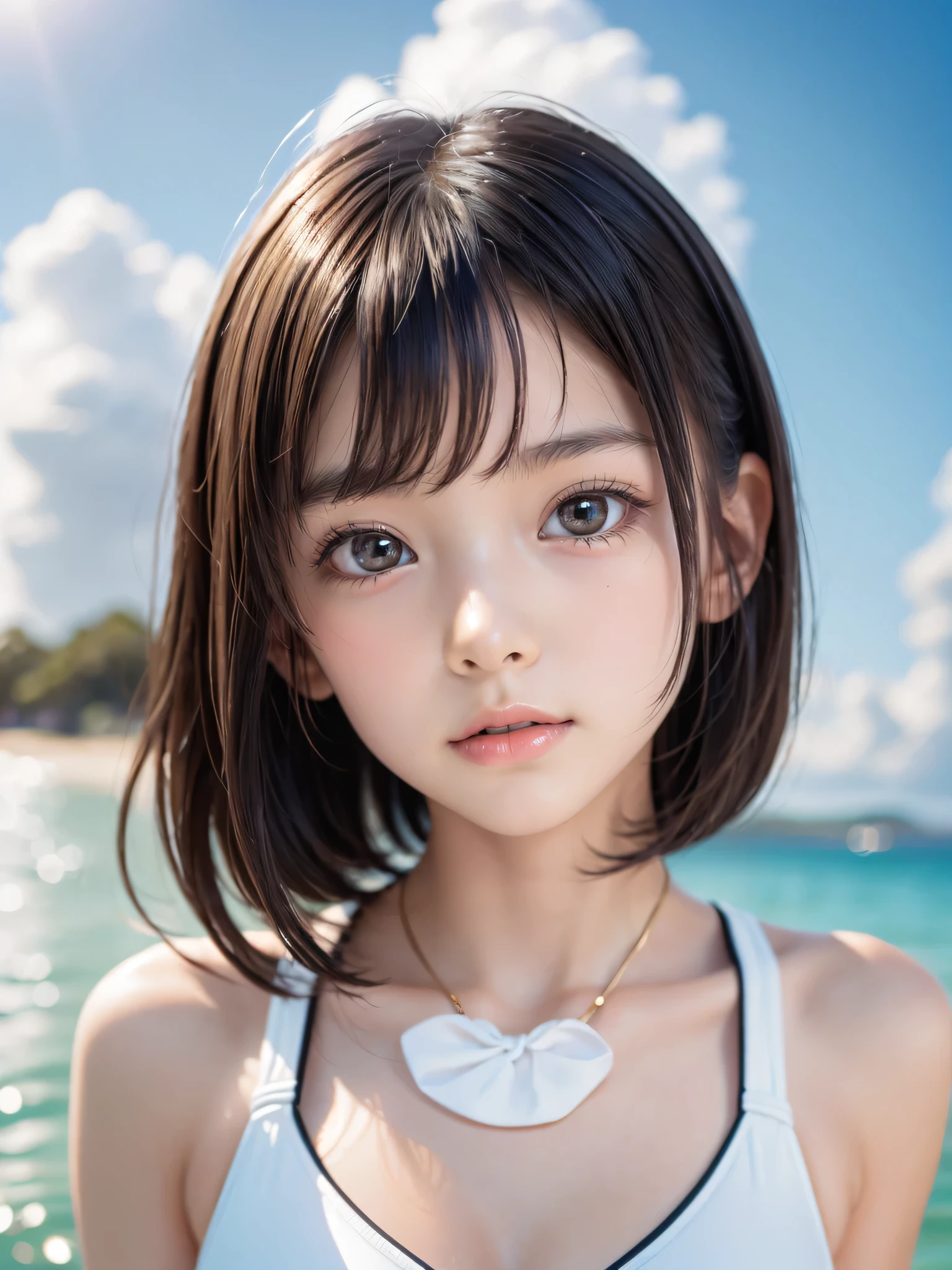 One Girl,(Very cute girl:1.3),masterpiece,Highest quality,High resolution,Photorealistic,RAW Photos,Ray Tracing,Physically Based Rendering,beautiful girl,(:1.3),cute,Big eyes,(detailed pupils:1.2),(The face is facing sideways:1.3),Body facing sideways,Beautiful nose,High nose,Upturned nose,Fuller lips,Short black hair,ponytail,short hair,Detailed eyelashes,Thin eyebrows,Very fine grain definition,(Golden Ratio:1.3),(Face close-up,Face Focus:1.0),Small breasts,Slim figure,Short neck,White swimsuit,White Bikini,Ocean,Southern Island,Blue sky,White cloud,Portrait,View Viewer,Upper Body,Cinema Lighting,High resolution,Very detailed