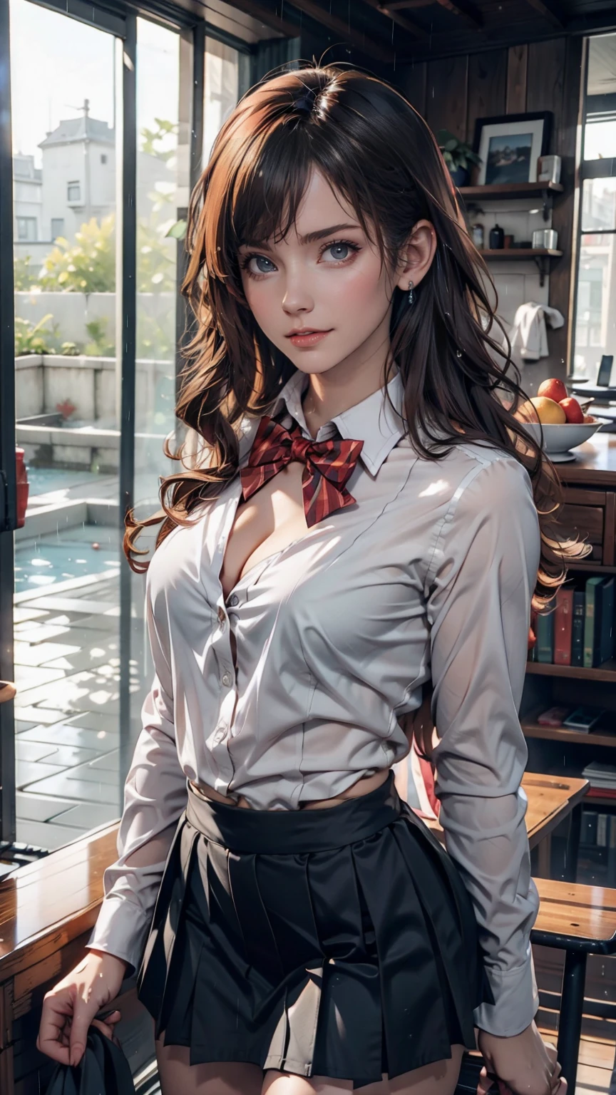 Highest quality, High resolution, Absurd, Very detailed, Suzuya_(Kantai Collection), One person, length_hair, skirt, alone, shirt, rain, Wet_Clothes, hair_ornament, Wet, chest, underwear, Pleats_skirt, See through, bowtie, red_bow