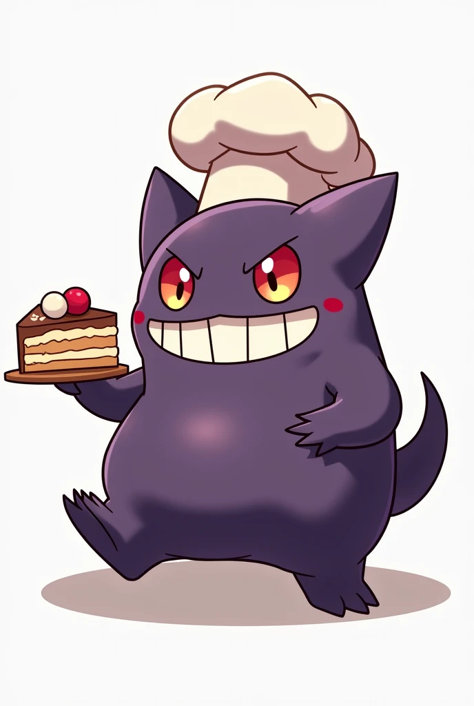 Animated Gengar character with cute eyes eating a delicious slice of cake with chef hat without background for a logo