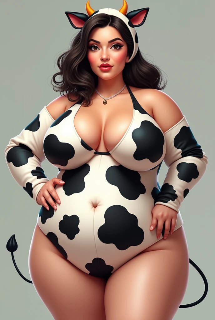 make a woman with very big breasts dressed as a cow
