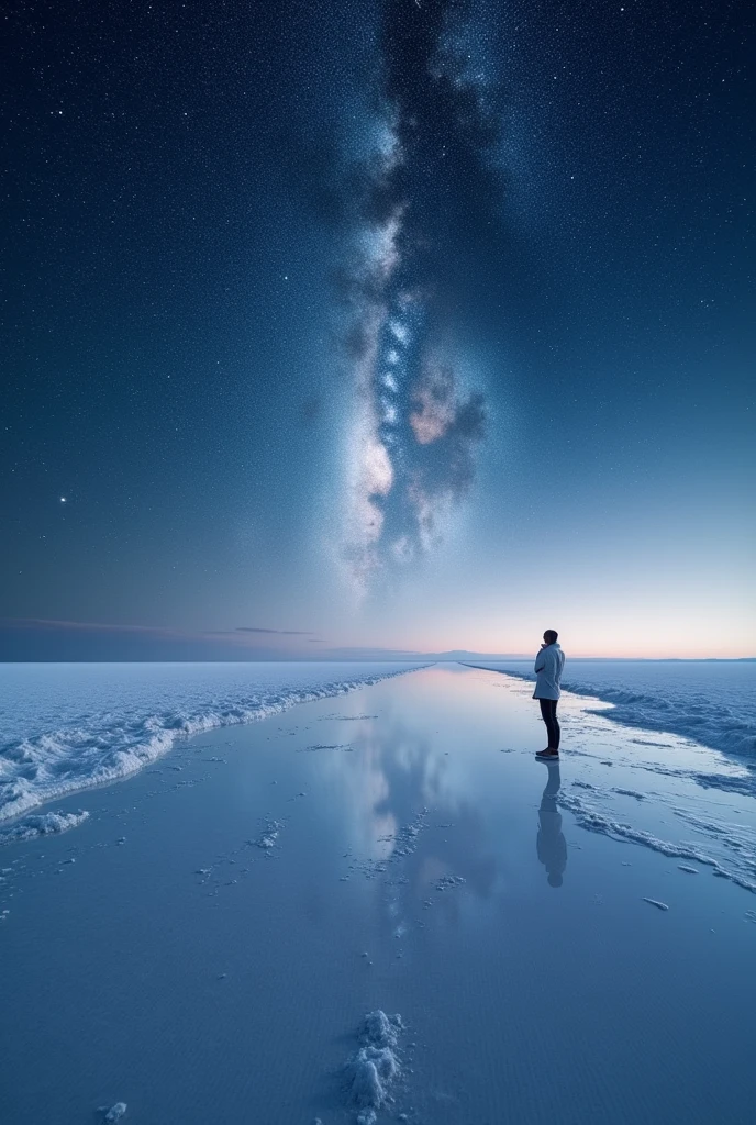 ((masterpiece, highest quality, Highest image quality, High resolution, photorealistic, Raw photo, 8K)), ((Extremely detailed CG unified 8k wallpaper)), The starry sky reflected in the Uyuni Salt Flats,