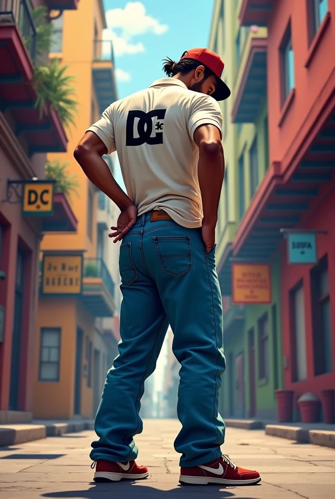Man with his back turned fully clothed, with skater shoes and blue pants and a DC polo shirt in a Latin city, putting his hand inside his pants scratching his butt, full body man with auras of funky newyork jazz eminem 