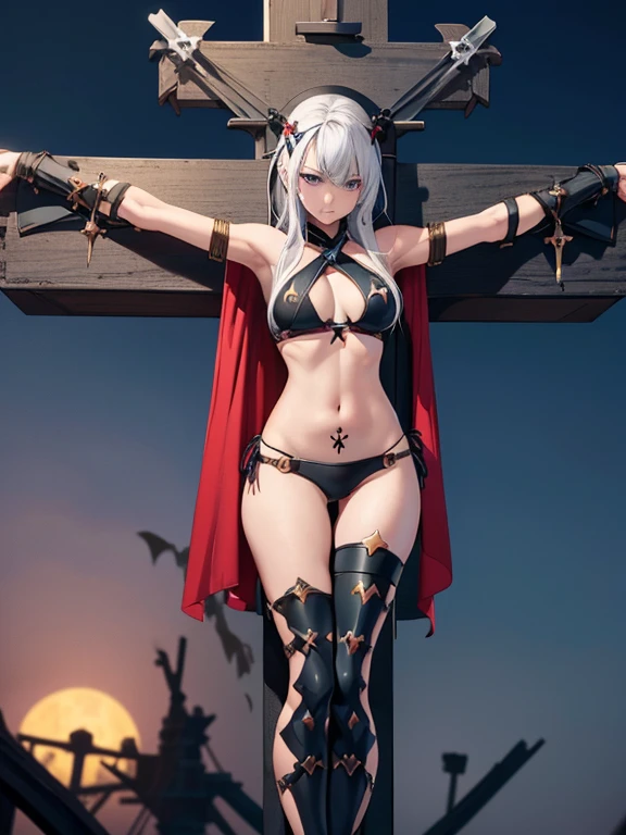 (best quality), (masterpiece), very aesthetic, absurdres, high res, all detailed, realistic, 1girl, (two side up), long hair, silver hair, (red pencil Dress, one side shoulders armor with Cape, red pencil miniskirt), medium cleavage, [black thigh-highs], [white panties], (injury skin, scar skin, bleeding skin, torn clothes:1.1), Broken Armor, BREAK NSFW, (tentacle cross Crucifixion, hanging, tentacle bound Ankles and Wrists), (one eye closed), cry, tears, sigh, blush, sweat, (outdoors, graveyard), shockwave, cinematic lighting, diffraction spikes, 