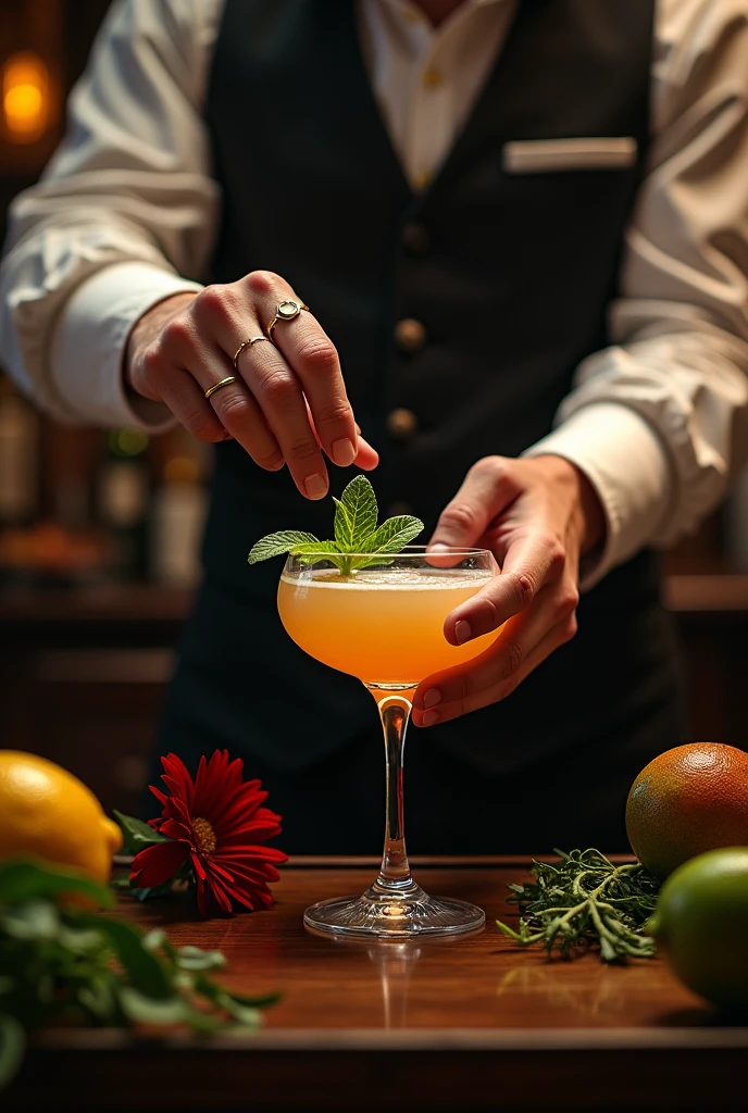 Authentic BAR,( The bartender's right thumb was amputated at the second knuckle.), Steampunk,1800'with Mojito, Spectacular landscapes, , Extremely precise movements, A sublime and delicate work, Cocktail, masterpiece, 8k, high quality, Hands are a key element in the scene, The hands are very realistic and sharp,I don't draw my face,Wine Bottle Background、Dark interior、There are herbs, lemons and limes on the counter、Red flower、A muddler in hand、The hand holding the Collins glass is held delicately at the bottom、