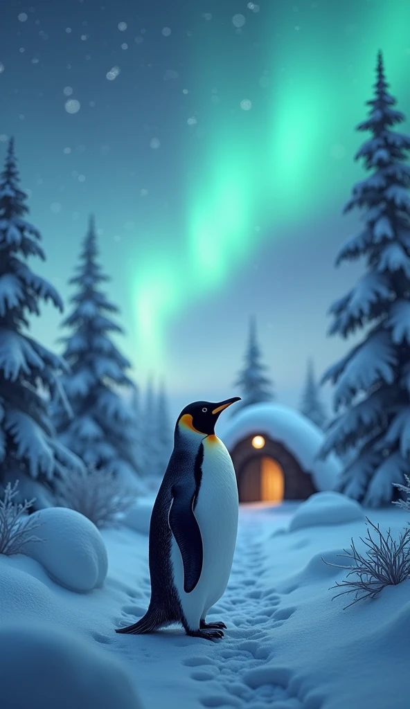 a beautiful glowing aurora, a cozy igloo, a penguin looking up at the aurora, night, a forest of frost-covered trees, (best quality,4k,8k,highres,masterpiece:1.2),ultra-detailed,(realistic,photorealistic,photo-realistic:1.37),stunning winter landscape, dramatic lighting, serene atmosphere, peaceful penguin, intricate details, soft glowing colors, magical aurora borealis, frozen wonderland, cinematic composition