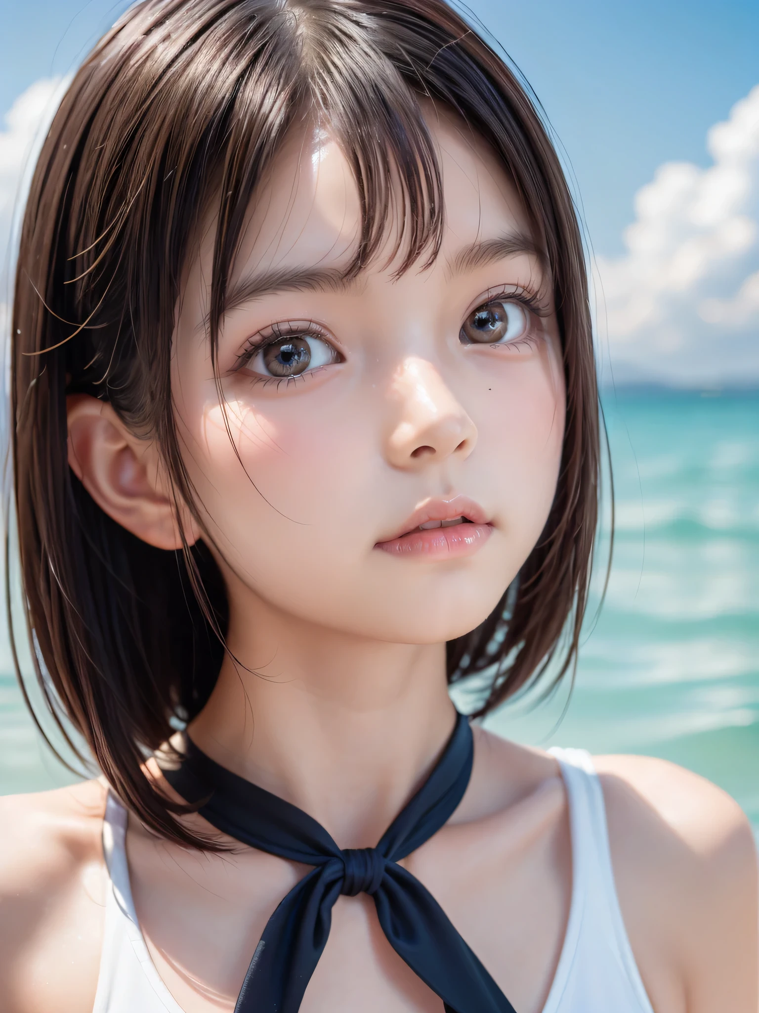 One Girl,(Very cute girl:1.3),masterpiece,Highest quality,High resolution,Photorealistic,RAW Photos,Ray Tracing,Physically Based Rendering,beautiful girl,(:1.3),cute,Big eyes,(detailed pupils:1.2),(The face is facing sideways:1.3),Body facing sideways,Beautiful nose,High nose,Upturned nose,Fuller lips,Short black hair,ponytail,short hair,Detailed eyelashes,Thin eyebrows,Very fine grain definition,(Golden Ratio:1.3),(Face close-up,Face Focus:1.0),Small breasts,Slim figure,Short neck,White swimsuit,White Bikini,Ocean,Southern Island,Blue sky,White cloud,Portrait,View Viewer,Upper Body,Cinema Lighting,High resolution,Very detailed