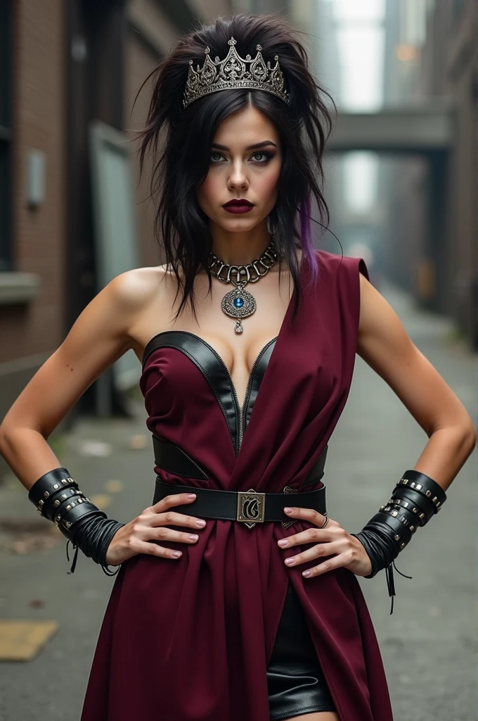 To create an appearance for Rubi Cardinale as a rebellious girl, you can consider the following elements:
1. **tenue**:
- **vestimentas**: A dress that mixes elements of rebellion with a touch of royalty. Consider a dark red or burgundy dress, with an asymmetrical design and bold cuts. It can have leather or metal details for a more rebellious style..
- **Accessories**: High leather boots, metal bracelets and a necklace with a pendant symbolizing royalty, but with a modern and bold design.
2. **body hair**:
- **styled**: body hair rebelde e volumoso, perhaps with some highlights in contrasting colors like black or purple. It could be a layered cut or even a more messy and casual style..
- **detaileds**: Add a small, asymmetrical headband or tiara that resembles the crown, but in a more casual way.
3. **make-up**:
- **eyeballs**: make-up com um olhar intenso, like dark eyeliner and eyeshadow in metallic or smoky tones.
- **lips**: Dark red or purple lipstick, for a bold and dramatic touch.
4. **stance e expression**:
- **stance**: A confident and challenging way. She may have a hands-on-hips or arms-crossed posture., with an expression that reflects his rebellious attitude.
- **expression**: A strong and challenging look, that shows your independence and free spirit.
5. **Accessories Adicionais**:
- **Outros detaileds**: It may include temporary tattoos or symbols that reflect your rebellious nature and independent personality..
