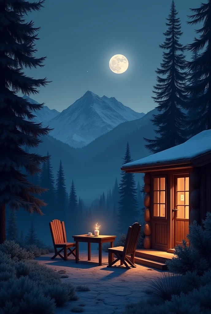 Side cabin with a table and two chairs with a cup of coffee and mountain trees in the background, on a beautiful night