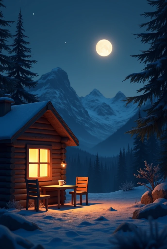 Side cabin with a table and two chairs with a cup of coffee and mountain trees in the background, on a beautiful night