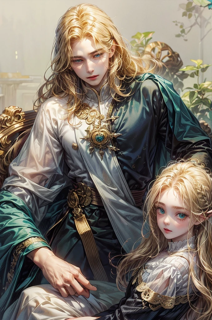 Two twin princes with golden hair ,I have a smooth hair. ,One person with fluffy hair ,blue-green eyes