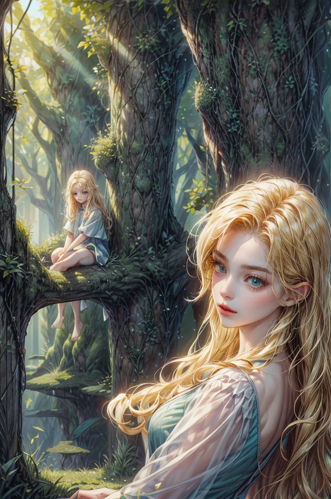 Two twin princes with golden hair ,I have a smooth hair. ,One person with fluffy hair ,blue-green eyes