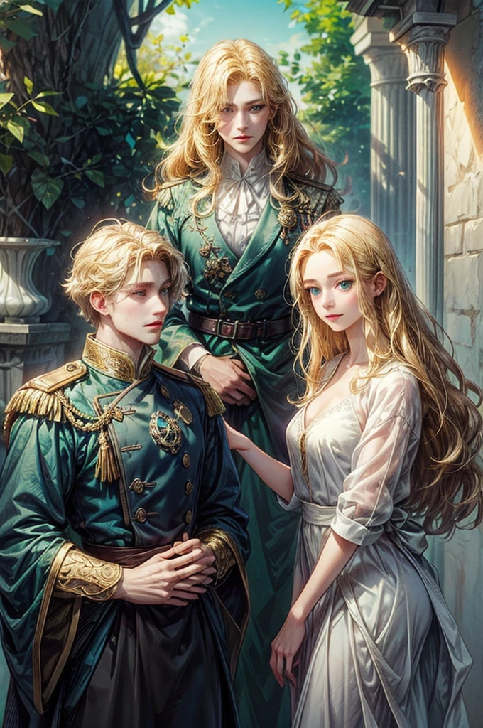 Two twin princes with golden hair ,I have a smooth hair. ,One person with fluffy hair ,blue-green eyes 