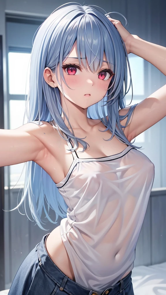 masterpiece, Highest quality, Ultra high definition, Disgusted face, Gray Hair, Red eyes, Small breasts, Put your arms behind your head, Left arm, Healthy Body, Unpleasant, despise , rage , Raise the hand, one armpit , Spread your armpits , camisole , Face to face, Tank top ,See-through、 Focus on the face, Selfie, upper Shoulder Shots, Arms Front, teasing, close to camera , Cynical Eyes, Close-up shot, Shoulder Shots, Side view 