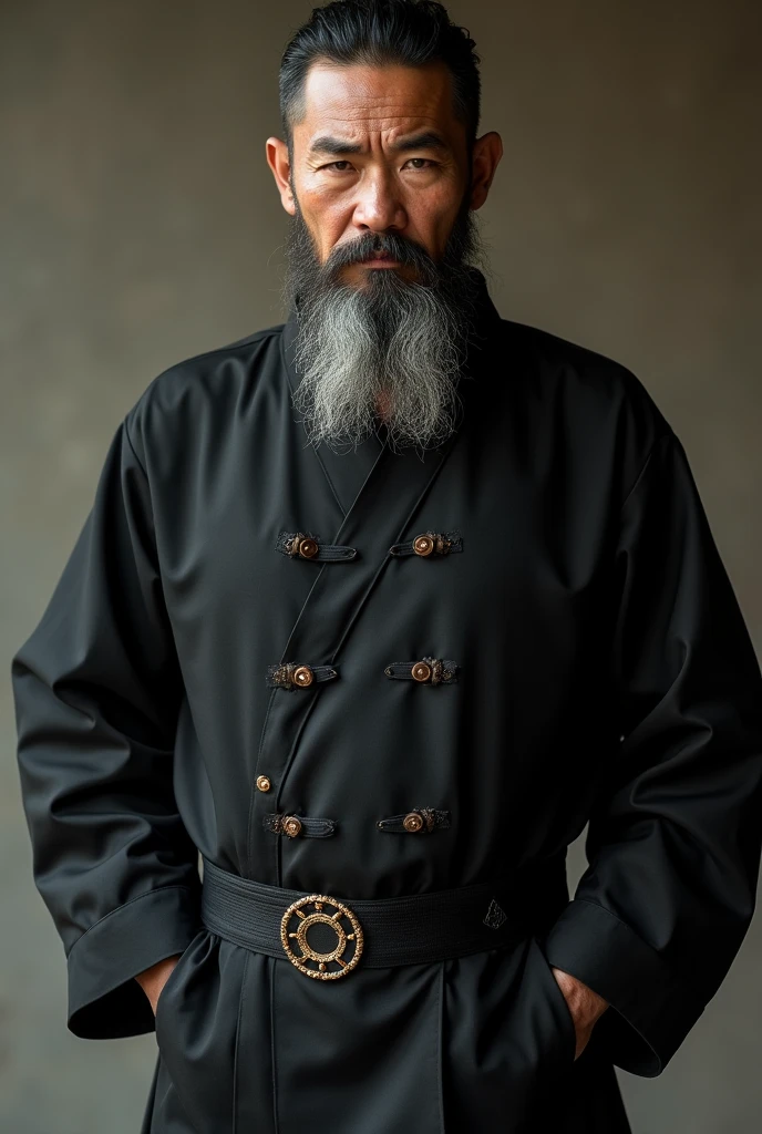 Generate image of black thai chinese suit of bearded man serious face