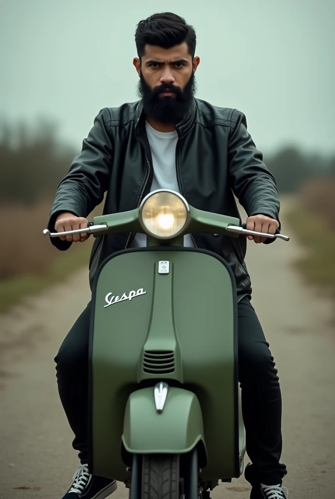 I want a photo of a boy on a classic Vespa motorcycle in matte military green, The boy has a full black beard that is not very thick. , Black and defined eyebrows, not too thick, black eyes, black straight hair, square face, the photo in a landscape background, Biker photo type the guy with a leather jacket and a white t-shirt inside, The black leather jacket half open revealing the t-shirt, black jeans and vans shoes.