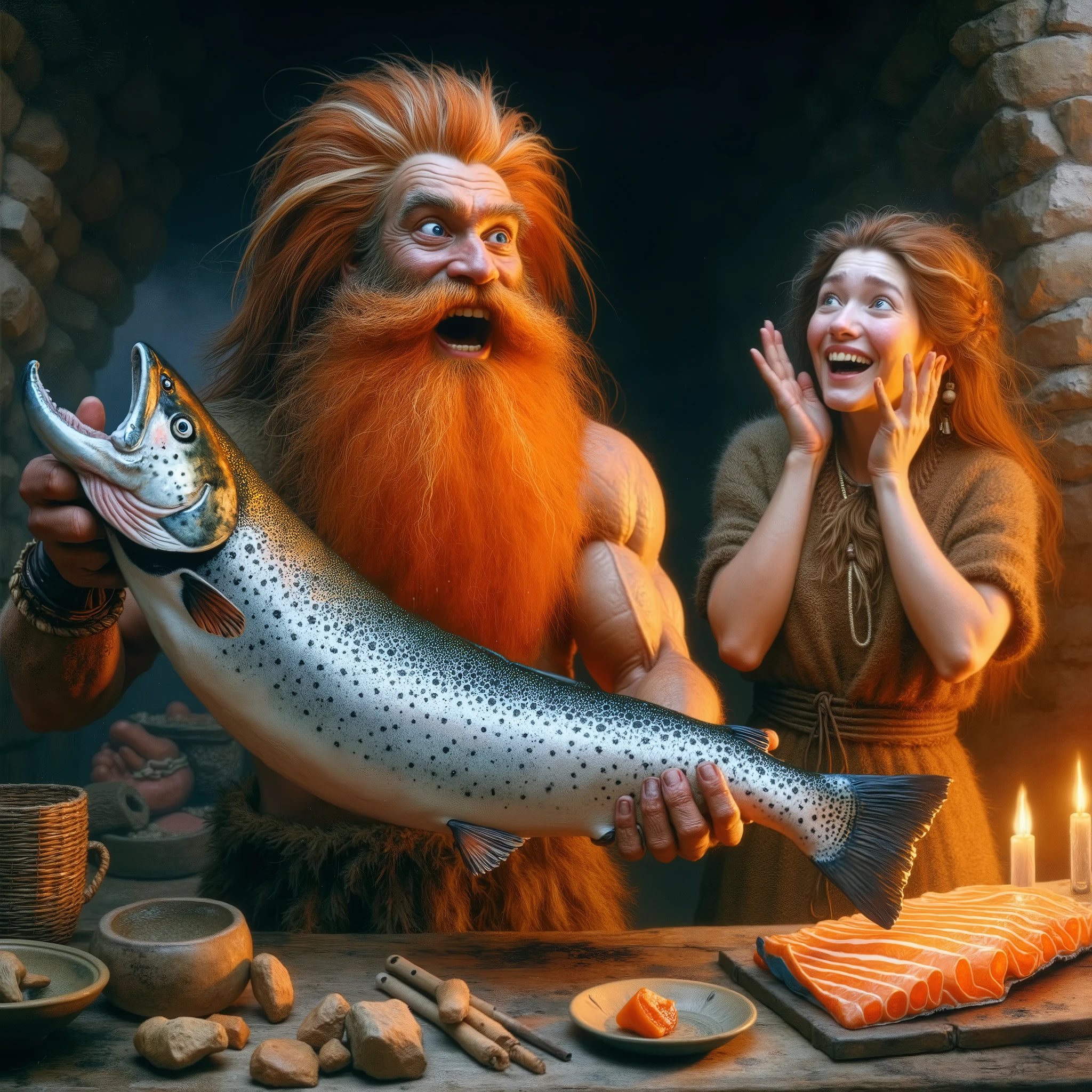 Neolithic red bearded fit young fisherman with a longer and more fiery red beard, proudly giving his biggest salmon catch to his beautiful and tender wife with earth-toned clothing, expressing surprise or joy, to be grilled as dinner meal in his simple mesmerizing Neolithic home, oil on canvas, insanely detailed and intricate cinematic Neolithic kitchen scene
