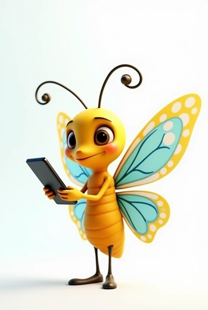 Show me a cute butterfly like a movie character, She must have a yellow body and blue and white wings, O fundo deve ser branco, She is holding a cell phone and showing it to us