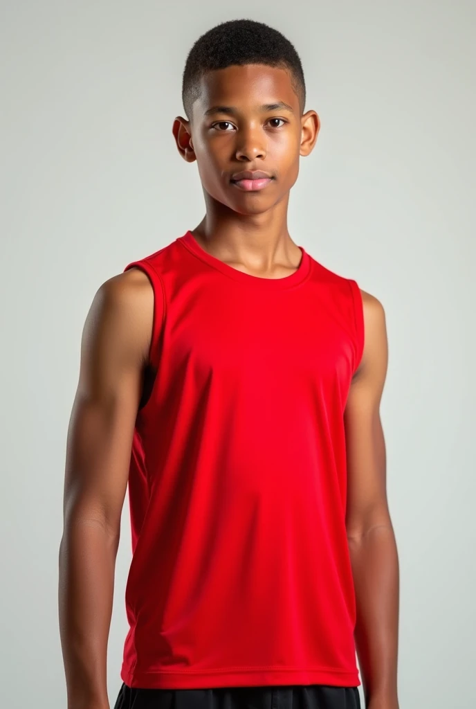 A tall boy wearing a red sleeveless shirt and a cropped haircut.