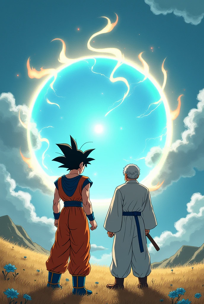 He generates Goku with his father but a portal appears out of nowhere