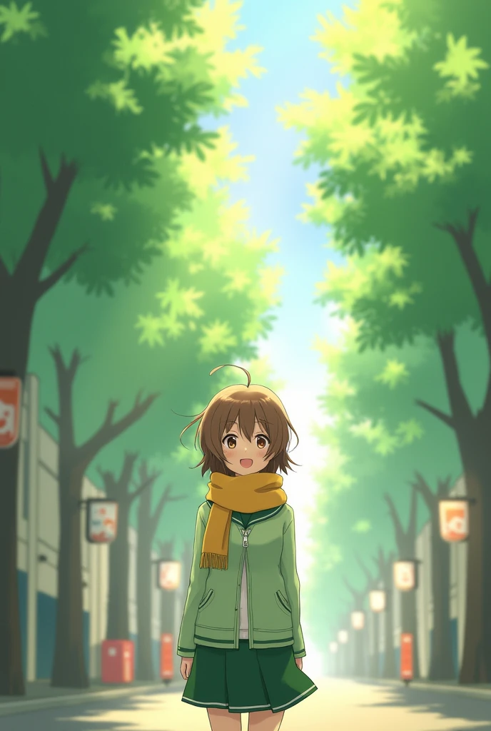 A serene, sunlit Japanese street scene captured from a low-angle, looking slightly upwards, with dappled sunlight filtering through lush green trees. A smiling young girl with short brown hair stands in the center, wearing a light green jacket, a school uniform with a yellow scarf, and a green skirt. The camera angle emphasizes her presence and the towering trees above, creating a peaceful, immersive atmosphere with soft light rays, warm tones, and gentle wind blowing her hair. The background features softly blurred foliage, adding to the dreamy, ethereal effect.