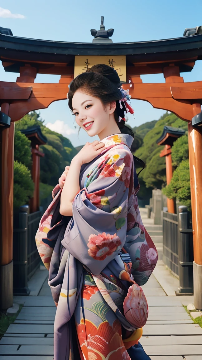 (SeaArt、I create amazing digital illustrations of beautiful women in kimonos)、Beautiful woman smiling and showing her upper white teeth、Vividly colored Ukiyo-e style illustrations、Brown-black long hair、Beautiful full body style、If you want to dance, Dance to the Tokyo Ondo, Good good、Beautiful new digital paintings,、 Bright and vibrant digital anime art、Beautiful anime portraits、Background、Torii gate of a Japanese shrine.、Detailed digital anime art、