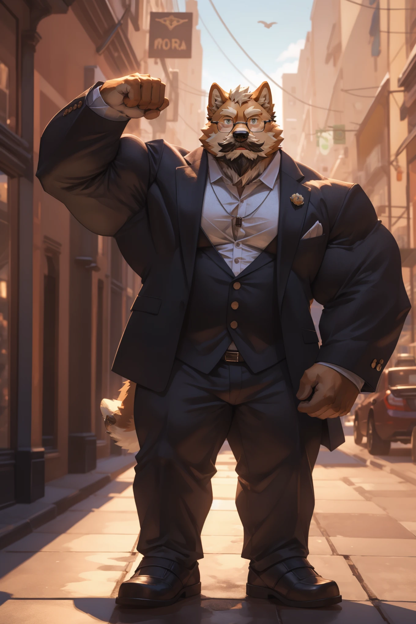 1boy, 1man, solo, a (furry Shiba Inu) standing, flexing muscle,(face, detailed face, bearded, white beard, thick mustache, glasses), city , front view, massive muscular , sixpack, (suits), well-muscled old man. ((thick arms, huge pec, huge arms)), wide smiling. Add textures and details to make the image more realistic, such as the appearance of the. Make sure the resulting image is high resolution, 8K quality