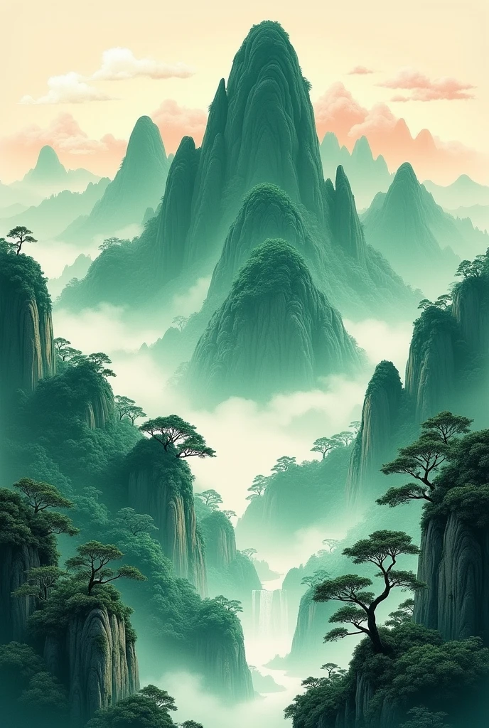 A majestic and elegant Chinese style green mountain landscape painting