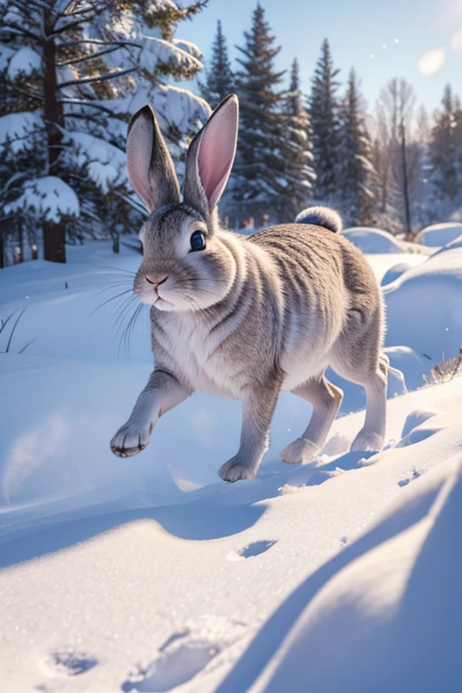 best quality, high quality, ultra quality, 8k, masterpiece, detailed, extremely detailed, insanely detailed, ultra detailed, ultra highres ,exquisite, lifelike Images,cinematic experience,UHD picture,Realistic,photorealistic,hyperrealistic,vivid,RAW photo,shot by DSLR, Snowy land, snow on the ground, rabbit prowling, snow day, rabbit, 