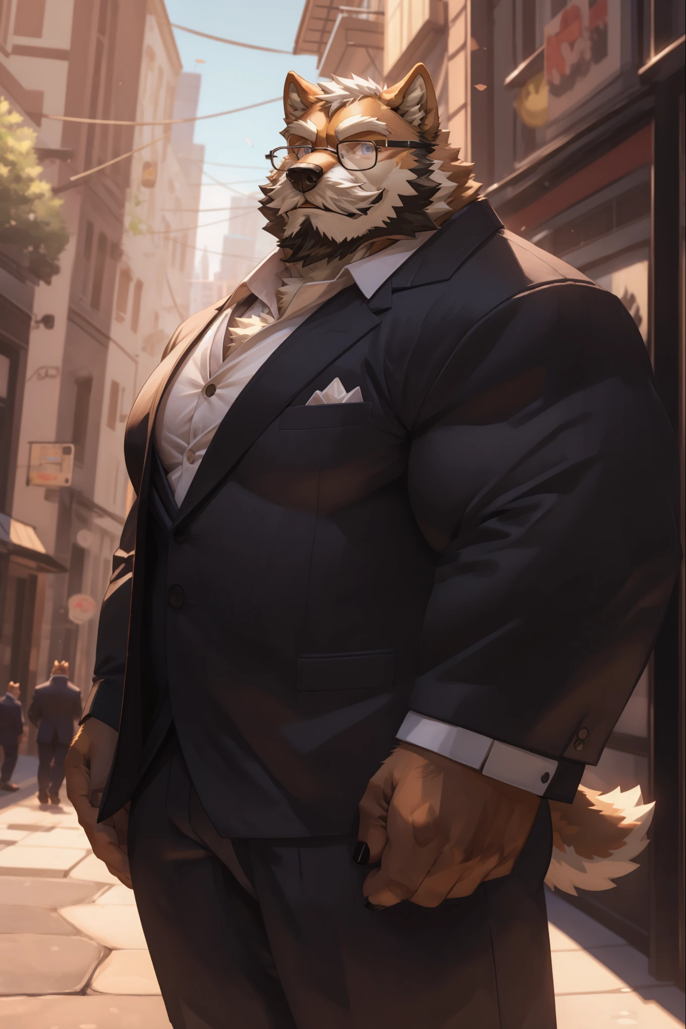1boy, 1man, solo, a (furry Shiba Inu) standing, (face, detailed face, bearded, white beard, thick mustache, glasses), city , front view, massive muscular , sixpack, (suits), well-muscled old man. ((thick arms, huge pec, huge arms)), wide smiling. Add textures and details to make the image more realistic, such as the appearance of the. Make sure the resulting image is high resolution, 8K quality