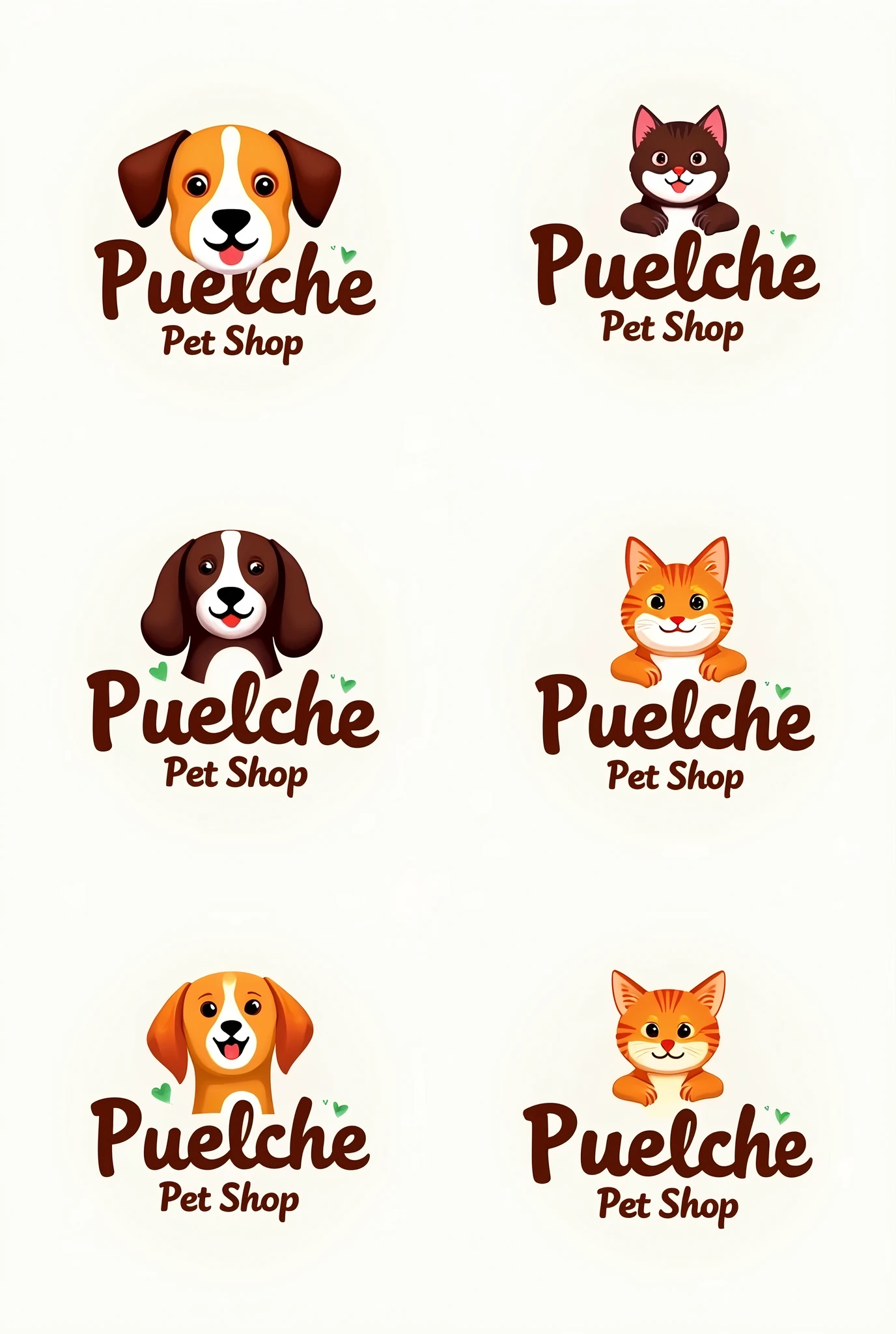 You are a experienced graphic designer and you are gonna create a large image for a customer that has a pet food store for cats and dogs. The image that you are gonna create must have six different logos for the customer company, each logo must have the name of the company and an image of a dog and a cat together smiling happy. The colors must be vibrant but elegant, the word must be six different font family, the company name is "Puelche Pet Shop", evert logo must be different than the any other into the image, the six logos must not be equals
