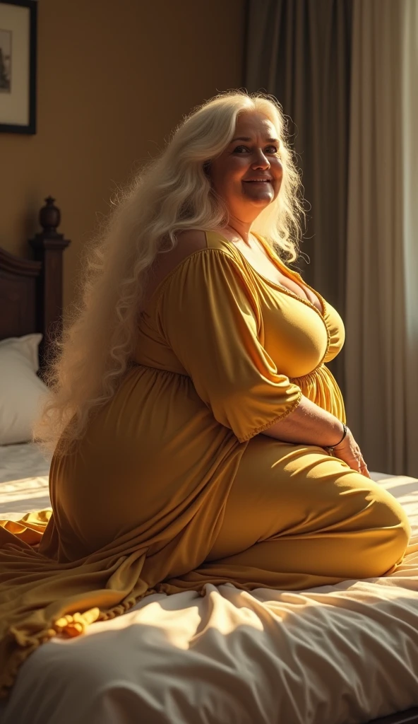 Overweight and A confident elderly woman with long golden hairy hairs flowing in the air .stands her room in a stylish pose. She wears a fitted golden long-sleeve top and high- night robe , which accentuate her curvy, full figure. Sitting on a bed she is showing her big backside standing