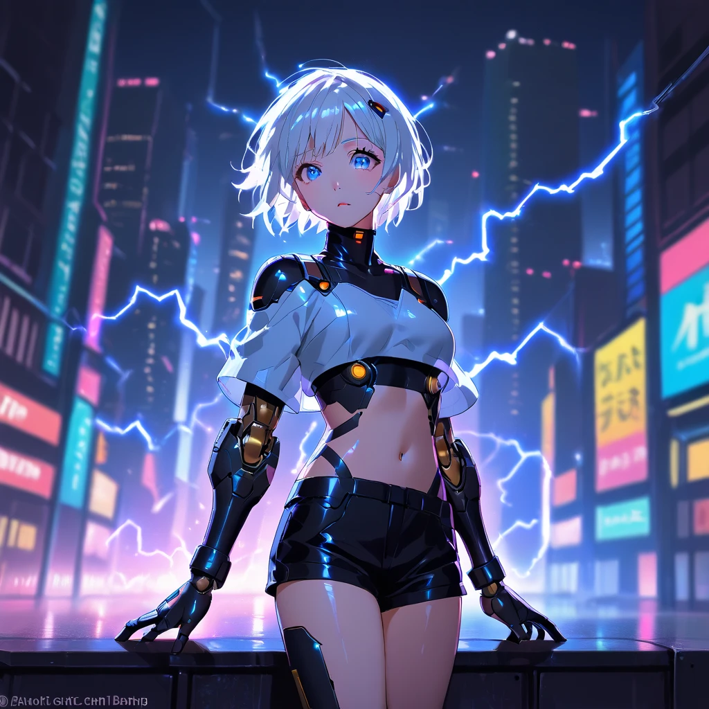 anime girl, pretty, short hair, white hair, crop top, short shorts, futuristic girl, city background with electricity rays