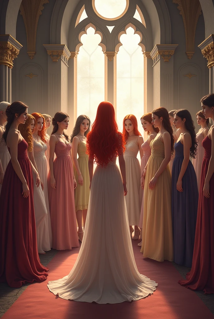 a selection of 12 girls , one of them has to be a redhead, in a large room of a castle