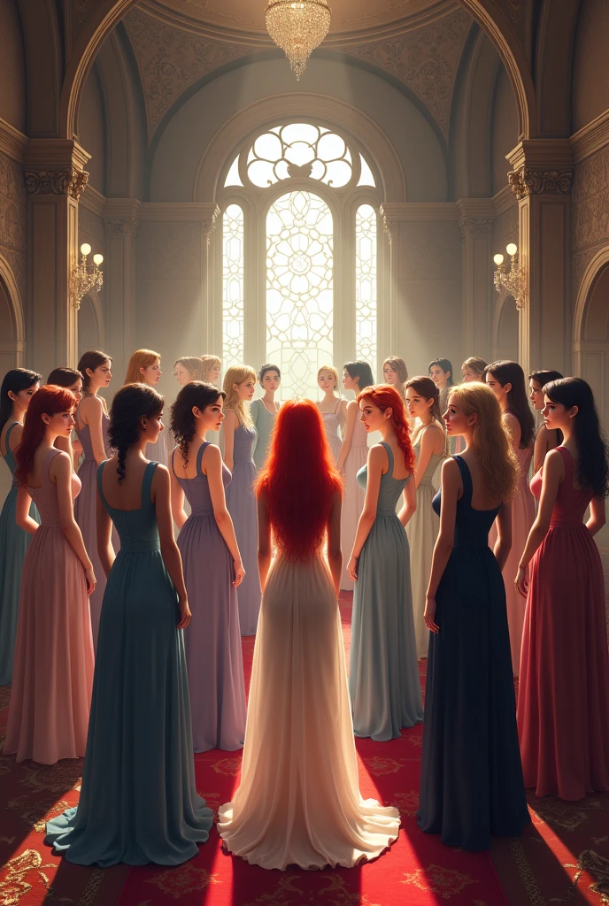 a selection of 12 girls , one of them has to be a redhead, in a large room of a castle
