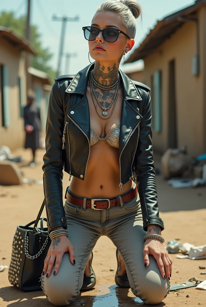 russian milf woman, grey  hair (high pouf, top bun, shaved sides), colourful bandana as headband, with very light blue eyes, extremely pale skin. All neck tattooed. Hands and forearms all tattooed. Wearing cropped aged black moto jacket with lots of zippers and pins, flipped up collar. skinny dark low rise blue jeans. Black and red tight push up bra, Dirty White tennis sneakers. Chain around hips like belts. Dirty knees, dirty feet and muddy hands. Wide studded belt. Squatting on a puddle with hands on her hips, looking up, chin up, stretching her neck , humble facial expression.  Black nail polish. studded black leather tote bag with chain on the floor, next to her.. Listening looking up in amazement to somebody speaking to her from the sky, upper teeth visible. Well toned abdominals, thin neck, slim legs and thin arms. Narrow hips Cleavage, stomach, neck, tigh and hands completely covered with tattoos. Dirt street in Kenyan village full of waste. Lots of silver bracelets, silver pendants and collars around all the beck. A lot of tanned fat women  in traditional dresses around looking at her. next to her, all her belongings scattered on the floor: tobacco packs, makeup kit, little makeup mirror, studded black leather tote bag, lipstick, wallet, moble etc on the floor, point of view; from above