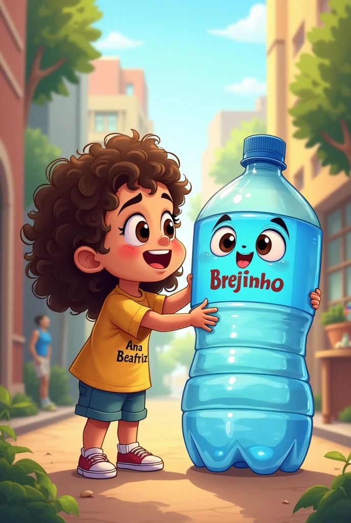 a white child, with dark brown eyes and long brown curly hair,with a shirt :“ANA BEATRIZ” playing with a smiling water bottle with the name BREJINHO, I WANT IT IN CARTOON